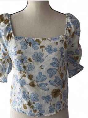 Joie Cottagecore Square Neck Smocked Linen Floral Print Blouse Size L‎